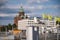 Helsinki, Finland - July 18th 2021: Seagull staying by the marina bay harbour.Representative city view of the church in the