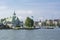 Helsinki, Finland - July 30, 2018: View to the island Valkosaari White Island and restaurant NJK in summer