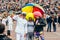 Helsinki, Finland - June 30, 2018: Three guys posing on Helsinki pride festival on Senate square