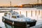 Helsinki, Finland. Marine Boat, Powerboat Moored At Berth In Sunrise