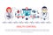 Helth care control concept in flat line style. Vector illustration with hospital, ambulance, doctors for web banner, info graphic