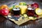 Helty drings - beverage, exotic fruit juice, choke berry juice, aronia juice, pomegranate juice, banana smoothie and ingredients