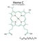 Heme C chemical formula. Organic compound. Molecular structure. Cell of blood. Vector illustration. Stock image.