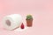 Hemorrhoid, constipation treatment health problems. Toilet paper, a cactus and crochet blood drop on the pink background.