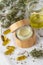 Hemp salve balm jar and relaxing CBD oil capsules as complex in homeopathy treatment of musculoskeletal or calm nervous system or
