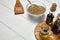 Hemp seed in glass bowl on the table, Cold pressed oil in a glas