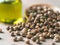 Hemp seeds and hemp oil, copy space