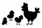 Hen and chickens, black silhouette. Vector illustration isolated on white background