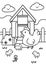 Hen and her chick with Chicken coop -hand draw -line art for coloring pages
