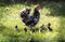 Hen with its baby chicks in grass