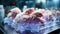 Hen in the laboratory. Bird\\\'s pink feathers. Biotechnology and selection