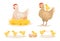 Hen in Nest, Chicken with Eggs and Little Chicks, Poultry Farm Female Domestic Birds, Farming Production, Agriculture