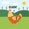 Hen saying cluck print. Cute farm character on a green pasture making a sound