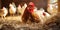 A hen sits on her eggs in the nest. She is sitting in a barn with other chickens