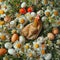 A hen surrounded by a vivid tapestry of eggs and daisies and green grass, a charming nod to farm life and Easter