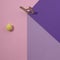 A hen watches an egg from the edge of a purple cube on a pink background. Minimal Easter composition