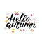 Hend drawn HELLO AUTUMN- Inspirational quote, black lettering design with floral, leaves on a white background.