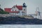 Hendricks Head Lighthouse in Southport, Maine, on a sunny summer morning