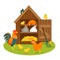 Henhouse with funny birds on a green lawn isolated vector illustration