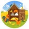 Henhouse with funny birds on a green lawn vector illustration