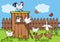 Henhouse and poultry in the backyard, vector illustration