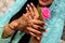 Henna Tattoo on Bride`s Hand.Moroccan wedding preparation henna party.