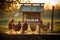 hens pecking around a wooden feeder in the morning light