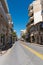 HERAKLION, CRETE, GREECE - APRIL 17, 2020: Heraklion city historical center. Kyrillou Loukareos street leading to the