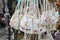 HERAKLION, GREECE - November, 2017: Women`s knitted handbags decorated with beads, Heraklion, Crete