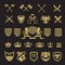 Heraldic badges. Medieval stylized shapes swords shields crowns lions and knight ribbons for vector labels design