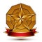 Heraldic golden symbol with stylized pentagonal star and red dec