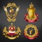 Heraldic royal emblems with golden monarch crowns