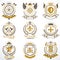 Heraldic vector signs decorated with vintage elements, monarch crowns, religious crosses, armory and animals. Set of classy