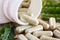 Herb capsules spilling out of bottle