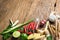 Herb ingredient of Tom Yum spicy soup Traditional Thai food cuisine on wood background