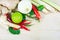 herb and spicy ingredients for making Thai food on wood background.