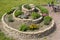 Herb spiral in the garden with herbs and flowers