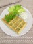 Herb-waffles with cream cheese dip and salad