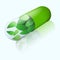 Herbal capsule with flying mint leaves inside. Isometric view with mirror shadow. Green pill. Alternative medicine icon.