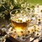 herbal chamomile tea in glass mug with chamomile flowers in sunlight healthy drinks, alternative medicine