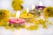 Herbal colorful candle aromatherapy scented flowers with marigolds