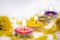 Herbal colorful candle aromatherapy scented flowers with marigolds