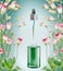 Herbal facial serum bottle with pipette and flowers plats on blue background