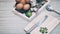 Herbal ingredients of Thai food Spices and knives on a wooden chopping board, garlic, peppers, eggs and lemons on a wooden table