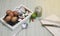 Herbal ingredients of Thai food Spices and knives on a wooden chopping board, garlic, peppers, eggs and lemons on a wooden table