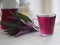 Herbal juice in clear glass droplets along the edge Tradescantia spathacea, Commelinaceae have pointed leaves are long, purple