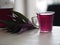 Herbal juice in clear glass droplets along the edge Tradescantia spathacea, Commelinaceae have pointed leaves are long, purple