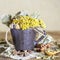 Herbal medicine, homeopathy, the collection of medicinal herbs for tea and medicines. Dried tansy flowers and oak leaves in a cup