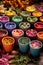 herbal tea assortment in colorful teacups