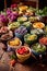 herbal tea assortment in colorful teacups